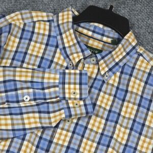 Orvis Button Down Shirt XXL Blue Gold Plaid Active Fit Long Sleeve Cotton